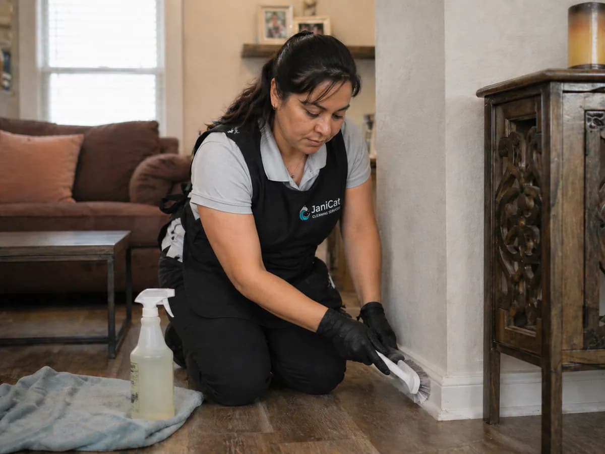 Janicat team member deep-cleaning a baseboard